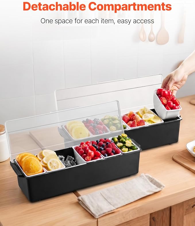 VEVOR Ice Cooled Condiment Serving Container, 6 Compartments Chilled Server, Fruit Veggie Condiment Caddy, Plastic Garnish Station Lid Dispenser Tray, for Bartending & Serving Taco Restaurant Supplies
