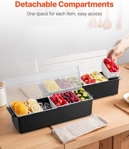 VEVOR Ice Cooled Condiment Serving Container, 6 Compartments Chilled Server, Fruit Veggie Condiment Caddy, Plastic Garnish Station Lid Dispenser Tray, for Bartending & Serving Taco Restaurant Supplies