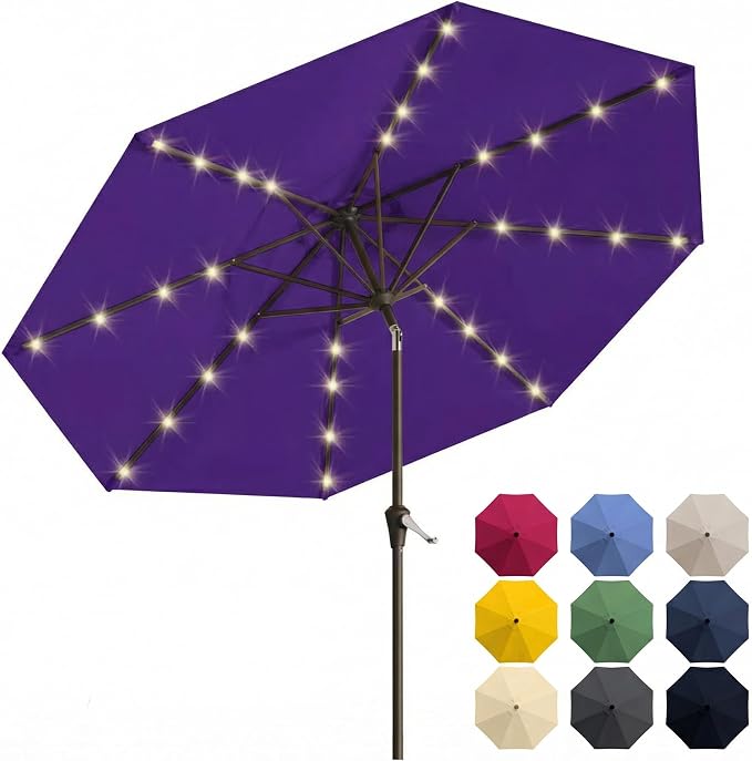 10FT Solar Patio Umbrella with Lights, Outdoor Table Market Umbrella with 32 LED Lights, 8 Sturdy Ribs, Push Button Tilt and Crank for Pool, Deck and Garden, UV-Resistant