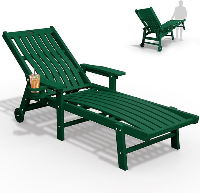 THOEOE Patio Chaise Lounge Chair, Lounge Chair Outdoor with 5 Positions, HDPE, Patio Lounge Chair with Wheels & Cup Holder for Pool, Deck, Poolside,Green