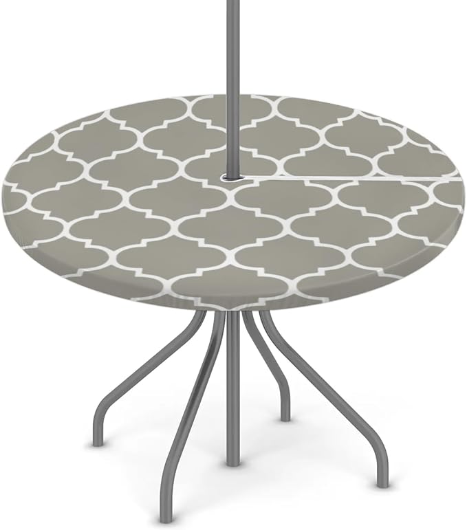 Fitted Round Tablecloth with Umbrella Hole and Zipper Grey Moroccan Outdoor Elastic Table Cloth 45"-56" Oil-Proof Waterproof Patio Table Cover for Dining Picnic Party