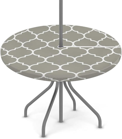 Fitted Round Tablecloth with Umbrella Hole and Zipper Grey Moroccan Outdoor Elastic Table Cloth 45"-56" Oil-Proof Waterproof Patio Table Cover for Dining Picnic Party