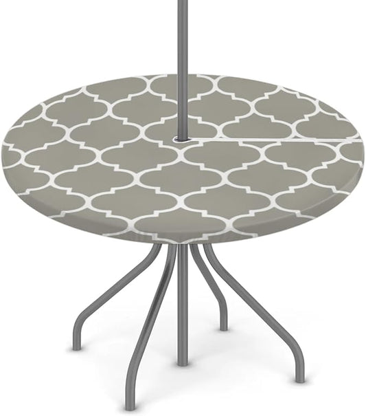 Fitted Round Tablecloth with Umbrella Hole and Zipper Grey Moroccan Outdoor Elastic Table Cloth 45"-56" Oil-Proof Waterproof Patio Table Cover for Dining Picnic Party
