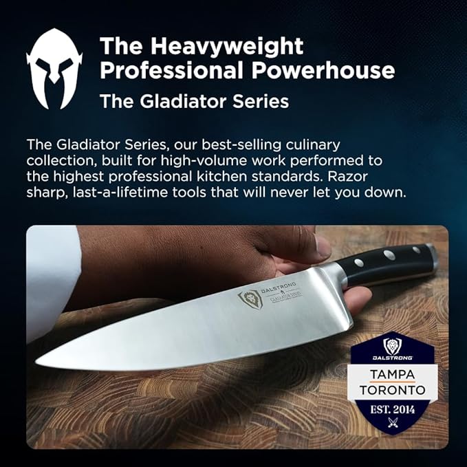 Dalstrong 8" Chef Knife — Forged High-Carbon German Steel, Full-Tang, Hand-Polished 16–18° Edge — Gladiator Series ELITE For Daily Home Cooking, BBQ Prep & Professional Kitchens — G-10, NSF