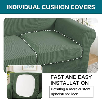 Turquoize 3 Piece Sofa Covers for 2 Cushion Couch Sofa Slipcover Soft Couch Cover for Dogs-Washable Sofa Furniture Covers with 2 Individual Cushion Covers, Jacquard Fabric (Loveseat, Loden Frost)