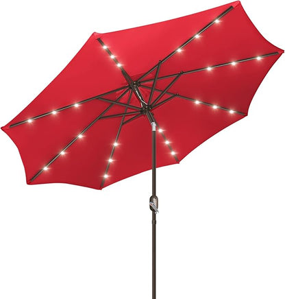 9ft Patio Umbrella with Solar Lights, Outdoor Umbrella with 24 LED Solar Umbrella Lights, Push Button Tilt & Crank Ideal for Garden, Deck, Backyard & Pool, Red
