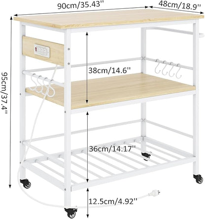 IBUYKE Kitchen Island with 3 Shelves, Island Table for Kitchen with Power Outlet,Kitchen Cart with Large Worktop,Rolling Bar Cart for Home, Outdoor, Kitchen TMJ024R