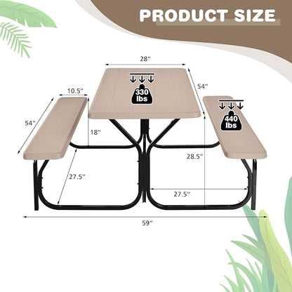 Metal Picnic Table with 2 Benches, Brown