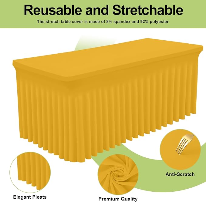 Smiry Spandex Elastic Fitted Table Cloth Skirt for 4FT Rectangle Table | Stretch Washable Table Cloth, Banquet Table Cover for Wedding, Party, Indoor & Trade Shows, (Mustard Yellow, 48Lx30Wx30H)