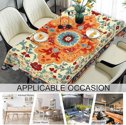Carpet Boho Table Cloth Rectangle Table 52"X70", Ethnic Southwest Persian Style Rug Orange Wipeable Table Cover for Dinner Kitchen, Outdoor Tablecloth for Party Banquets Weddings