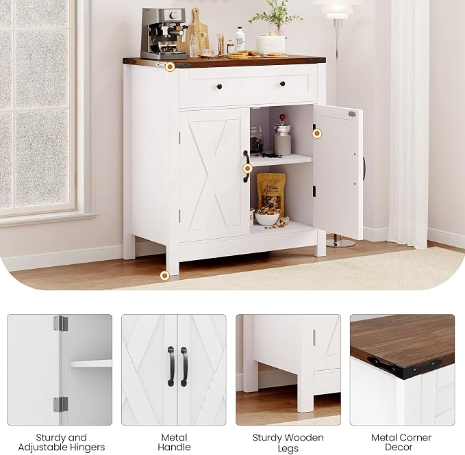 GRUSIGN 30" Coffee Bar Station, Kitchen Sideboard Buffet Cabinet with a Drawer and Adjustable Shelf, Modern Farmhouse Storage Cabinet for Kitchen, Living Room, Entryway, White