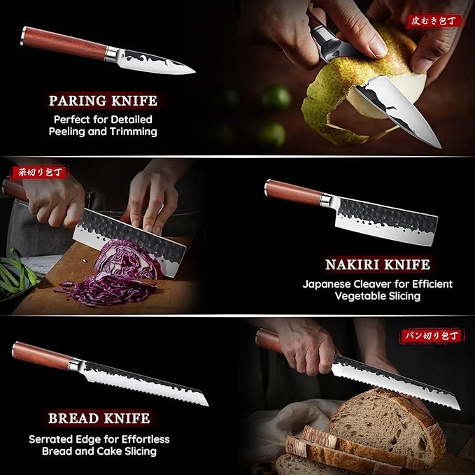 Huusk Japanese Chef Knife Set 6 pcs, Kitchen Knives with Hand-forged High Carbon Steel Blade, Sharp Cooking Knife Set with Ergonomic Wood Handle, Professional Kitchen Knives Sets, Gift Idea for Men
