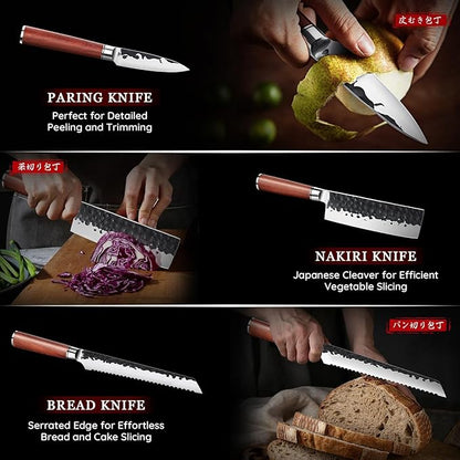 Huusk Japanese Chef Knife Set 6 pcs, Kitchen Knives with Hand-forged High Carbon Steel Blade, Sharp Cooking Knife Set with Ergonomic Wood Handle, Professional Kitchen Knives Sets, Gift Idea for Men