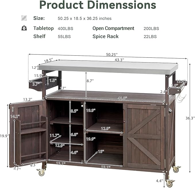 LUMISOL Outdoor Grill Cart with Stainless Steel Top, Farmhouse Solid Wood Kitchen Island with Storage Rack, Outdoor Rolling Bar Cart & Storage Cabinet with Spice & Towel Rack, Dark Brown