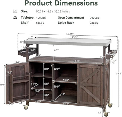 LUMISOL Outdoor Grill Cart with Stainless Steel Top, Farmhouse Solid Wood Kitchen Island with Storage Rack, Outdoor Rolling Bar Cart & Storage Cabinet with Spice & Towel Rack, Dark Brown
