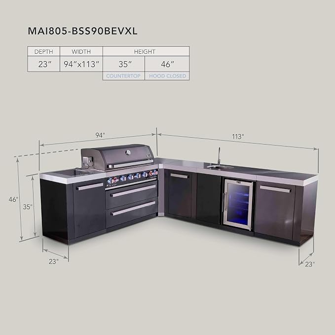 Mont Alpi 94"W x 113"D L-shaped Black Stainless Steel Outdoor Kitchen Island with Fridge + Faucet & Sink + 44"W 6-Burner BBQ Grill + Granite Countertops + Storage + Chopping Board + Rotisserie + Cover