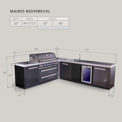Mont Alpi 94"W x 113"D L-shaped Black Stainless Steel Outdoor Kitchen Island with Fridge + Faucet & Sink + 44"W 6-Burner BBQ Grill + Granite Countertops + Storage + Chopping Board + Rotisserie + Cover