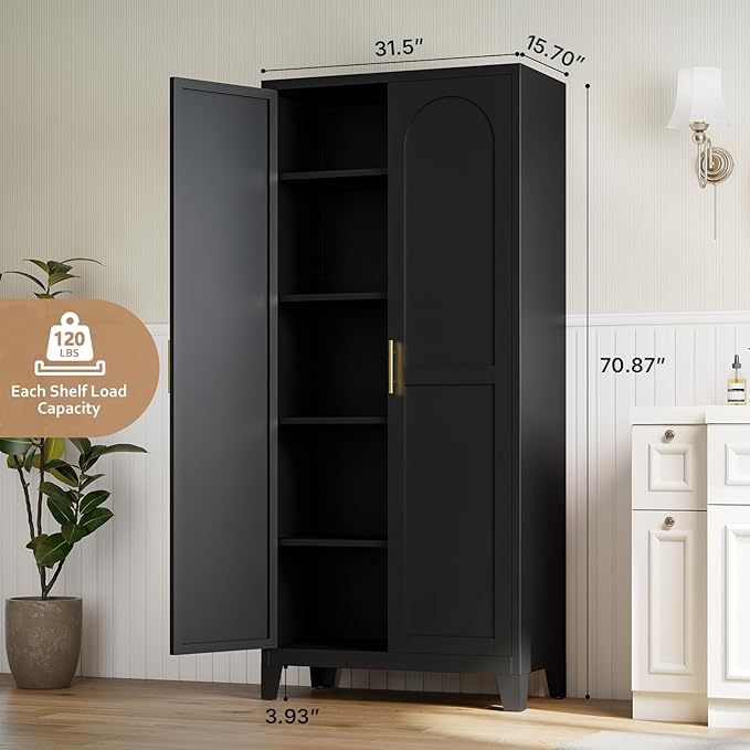 Zevemomo 71" Metal Pantry Cabinet, Tall Metal Storage Cabinet for Kitchen | Steel Cabinet with 2 Doors and 4 Adjustable Shelves, Freestanding Cupboard for Kitchen, Bathroom, Dinning Room or Laundry