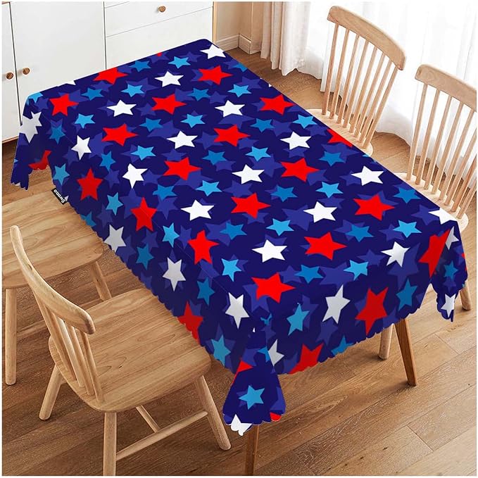 Swono 52x70 Inch Stars Tablecloth Patriotic American Flag Stars Confetti Farmhouse Dining Table Cloth Anti-Stain Talking Table Cover for Kitchen Dinning Room Coffee Store, Blue Red