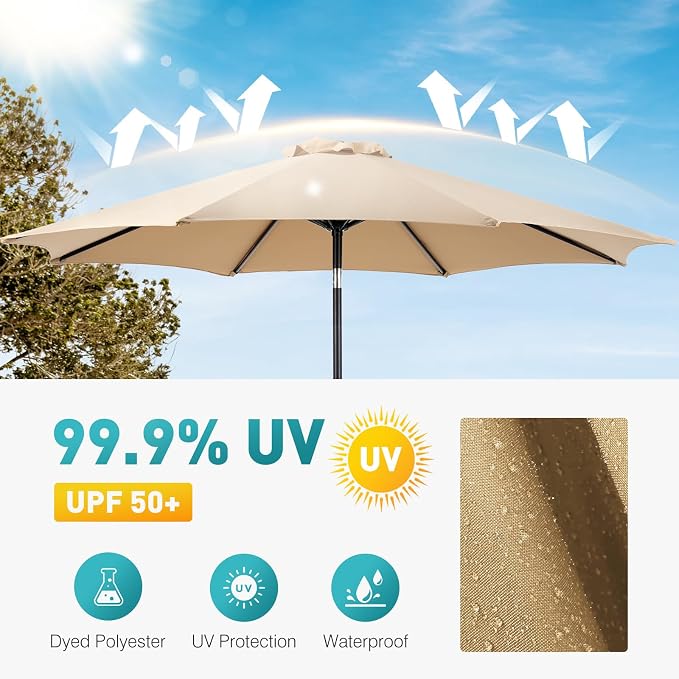 OLIXIS 9ft Patio Table Umbrella, Outdoor Patio Umbrella with Tilt for Pool | 9 Feet Patio Umbrella with Crank Button 8 Sturdy Ribs, Waterproof Sun Shade Umbrella for Market Beach Terrace Restaurant
