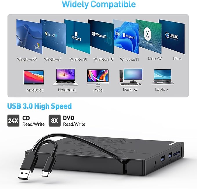 ORIGBELIE External CD DVD Drive 2 USB Port 2 TF/SD Card Slot &Carrying Case | USB C 3.0 CD DVD ROM Player Burner Reader Writer Rewriter Optical Disk Drive for Laptop PC Macbook OS Windows 11/10/8/7 Linux