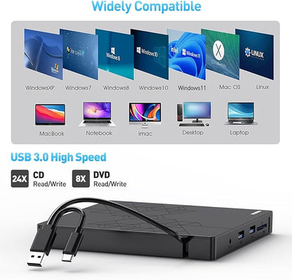 ORIGBELIE External CD DVD Drive 2 USB Port 2 TF/SD Card Slot &Carrying Case | USB C 3.0 CD DVD ROM Player Burner Reader Writer Rewriter Optical Disk Drive for Laptop PC Macbook OS Windows 11/10/8/7 Linux