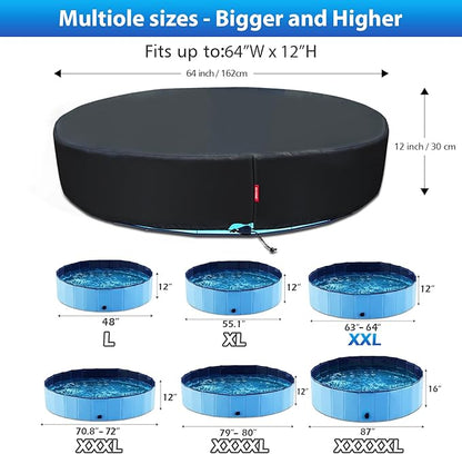 QH.HOME 63-64 inch Kiddie Pool Cover Round, Collapsible Dog Pool Cover with Super Windproof Ratchet Design, Odorless Waterproof Fabric Material and - Only Cover