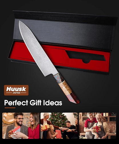 Huusk Damascus Chef Knife with Unique Handle, Razor Sharp 8 Inch Kitchen Knives Includes Sheath, Japanese Cooking Knife