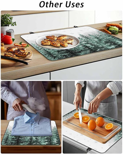 Stove Top Covers for Electric Stove 31x24 Inches, Forest Christmas Tree HeatResistant Glass Cooktop Protector, Green Xmas Snowflake Misty Winter Ceramic Stovetop Countertop Covers Mat, Oven Cover