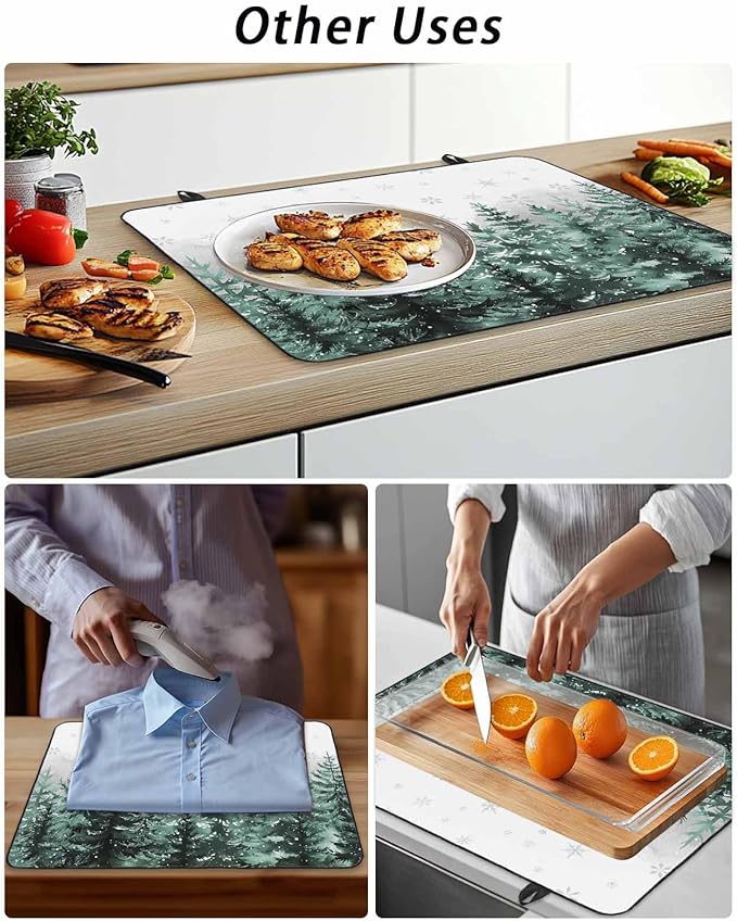 Stove Top Covers for Electric Stove 36x21 Inches, Forest Christmas Tree HeatResistant Glass Cooktop Protector, Green Xmas Snowflake Misty Winter Ceramic Stovetop Countertop Covers Mat, Oven Cover