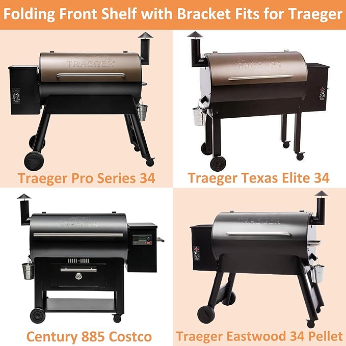 Folding Front Shelf with Bracket Fits for Traeger Pro 34, Texas Elite 34, Century 885 Costco and Eastwood 34, 36.75" x 11.5" Porcelain Steel Grill Accessories Replacement for BAC363 Folding Shelf
