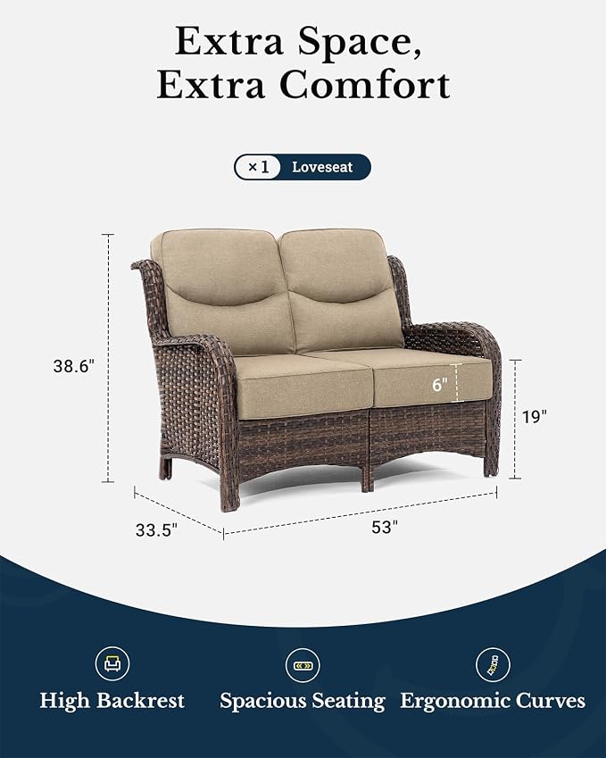 HILLGA Oversized Loveseat, Outdoor Sofa with High Back and 6-Inch Cushions | Patio Couch, Wicker Sofa, Outdoor Seating, Porch Furniture, Deck Couch, Luxury Furniture, Poolside Yard (Beige)