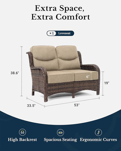 HILLGA Oversized Loveseat, Outdoor Sofa with High Back and 6-Inch Cushions | Patio Couch, Wicker Sofa, Outdoor Seating, Porch Furniture, Deck Couch, Luxury Furniture, Poolside Yard (Beige)
