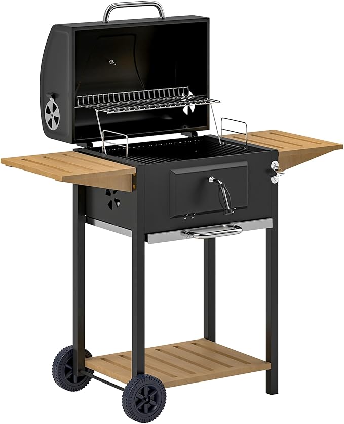Portable Charcoal Grill for Outdoor Cooking, BBQ Smoker Grill Combo with Adjustable Charcoal Pan, Side Table, Thermometer & Wheels, Easy Clean Ashtray, Outdoor Grills & Smokers for Camping and Backya