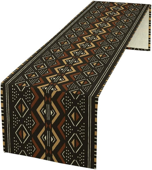 Vintage African Tribal Table Runner African Mud Cloth Pattern Abstract Geometric Ethnic Traditional Dinner Runner for Farmhouse Kitchen Dinner Table Holiday Party Decoration 13x60in