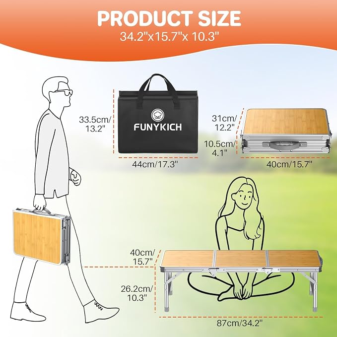 FUNYKICH 3ft Low Folding Camping Table with Carry Bag, 34.2'' Lx15.7'' W Portable Picnic Tables, Lightweight Thicker Aluminum Beach Table with Carry Handle for Beach, Camping, Picnic, Yellow