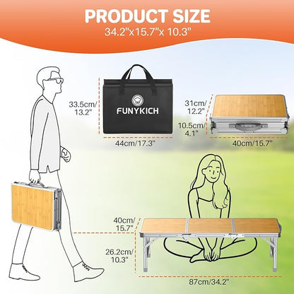 FUNYKICH 3ft Low Folding Camping Table with Carry Bag, 34.2'' Lx15.7'' W Portable Picnic Tables, Lightweight Thicker Aluminum Beach Table with Carry Handle for Beach, Camping, Picnic, Yellow