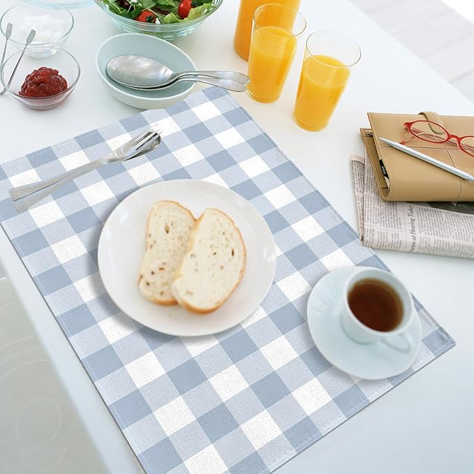 Dusty Blue Gingham Placemats Light Blue Checkered Table Mats for Boy Girl Baby Shower Birthday Party Dining Table Decorations (12" x 18")