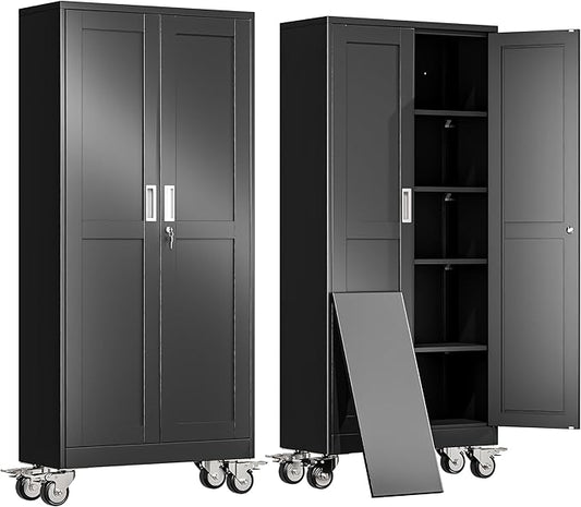erosoei 71" H Metal Garage Storage Cabinet, Rolling Tool Cabinet with 2 Doors and Wheels, Locker Steel Cabinet with 4 Adjustable Shelves, Organization Cabinet for Garage,Office,Home,Gym,School
