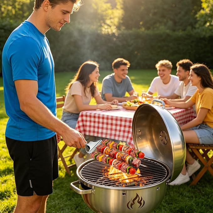 3 Prong Skewers for Grilling, Reusable Metal Kabob Skewers | 14.7" Stainless Steel BBQ Skewer with Push-Off Slider, Outdoor Grill Accessories, for Barbecuing, Grilling