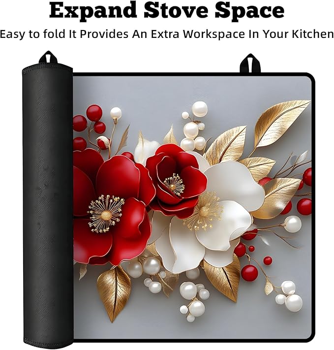 Multi-Design Stove Cover for Glass/Electric Stoves - 3-in-1 Heat-Resistant Protector Mat, Non-Slip Drying Rack 28"x20" (3D Flowers)