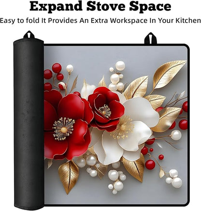 Multi-Design Stove Cover for Glass/Electric Stoves - 3-in-1 Heat-Resistant Protector Mat, Non-Slip Drying Rack 28"x20" (3D Flowers)