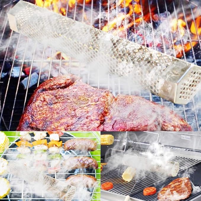 2pcs Smoker Tube 12in Pellet Smoker Tube Stainless Steel Smoke Tube for Hot or Cold Smoking 5 Hours of Billowing smoke Portable BBQ Smoking tube Generator Electric Charcoal Gas Grill Smoker