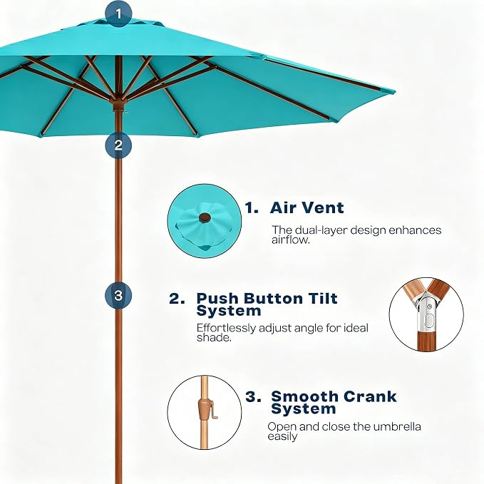 9ft Outdoor Patio Umbrella, Market Table Umbrella with Crank and Easy Push Button Tilt, Wood Grain Frame, UPF 50+ for Pool, Garden, Deck, Backyard