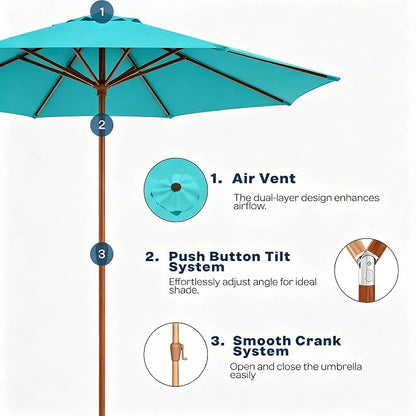 9ft Outdoor Patio Umbrella, Market Table Umbrella with Crank and Easy Push Button Tilt, Wood Grain Frame, UPF 50+ for Pool, Garden, Deck, Backyard