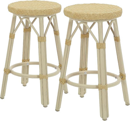 Seadrift Boho 26-inch Aluminum and All-Weather Wicker Barstools with Footrest, Patio Stools & Bar Chairs for Outdoor, Kitchen Counter, Poolside, Yard, Set of 2, Natural