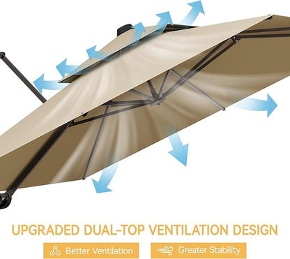 10x13 FT Patio Umbrella with Base, Large Cantilever Rectangular Double Top Heavy Duty Offset Umbrellas with 360° Rotation, Outdoor shade for Garden Deck Pool Patio, Beige