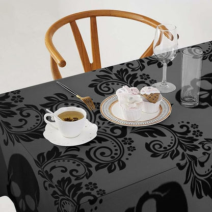 Gothic Black Damask Tablecloth, Vintage Floral Exotic Suger Skull Bohemian Antique Victorian Table Cloth Water Resistant Table Cover for Farmhouse Party Holiday Kitchen Dinner Table 60x110"