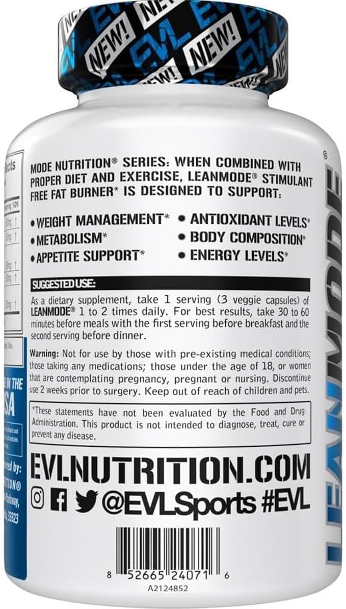 EVL Weight Loss Support Pills - Premium Multipurpose Appetite Metabolism and Fat Loss Support for Men and Women - LeanMode with Green Coffee Bean Extract CLA and Garcinia Cambogia - 50 Servings