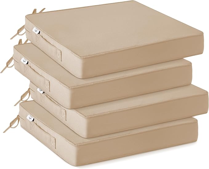 IPYNBAP Outdoor Chair Cushions Set of 4 -Waterproof Outdoor Seat Cushions for Patio Furniture, Patio Chair Cushion with Handle and Ties, Out Door Chair Pads,17x16x2-Square,Beige